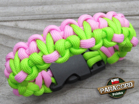 Bransoleta survivalowa z Paracordu typ "Zipp" z wplecioną plastikową klamrą, Kolor "Fluor green - Pink"