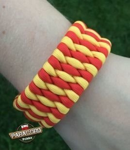 Bransoleta survivalowa z Paracordu typ "Extreme", z wplecioną metalową regulowaną szeklą, kolor: "Red - Golden rod"