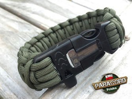 Bransoleta z Paracordu typ "King Cobra" na klamrze z wbudowanym gwizdkiem, krzesiwem i blachą, Kolor "Army Green"