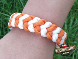 Bransoleta survivalowa z Paracordu typ "Dort" z wplecioną metalową regulowaną szeklą, Kolor: "White - Orange Yellow".