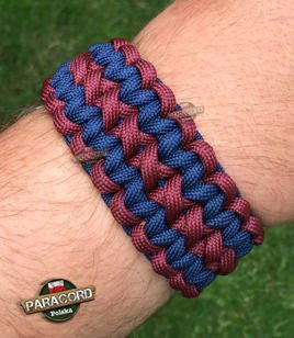 Bransoleta z Paracordu typ "X-Cobra" na klamrze z wbudowanym gwizdkiem, krzesiwem i blachą, Kolor "Dark red - Dark blue"