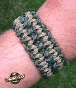 Bransoleta z Paracordu typ "X-Cobra" na klamrze z wbudowanym gwizdkiem, krzesiwem i blachą, Kolor "Army green - Coyote brown"