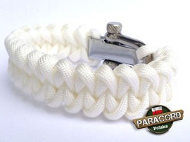 Bransoleta z Paracordu typ "Shark Jaw - White" z wplecioną metalową regulowną klamrą