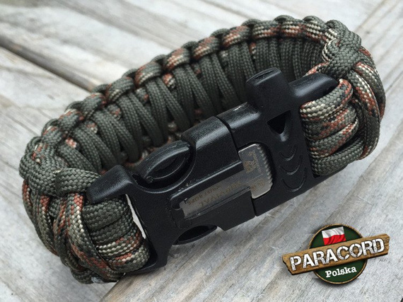 Bransoleta z Paracordu typ "King Cobra" na klamrze z wbudowanym gwizdkiem, krzesiwem i blachą, Kolor "Army Green Camo -Army Green"