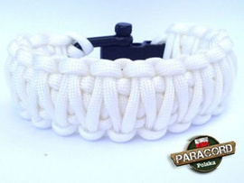 Bransoleta survivalowa z Paracordu typ "King Cobra - White" z wplecioną metalową regulowaną szeklą