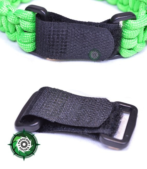 Klamerka do bransolet z Paracordu zapinana „na rzep". Umożliwia wygodne i szybkie zapinanie oraz regulacje obwodu w zakresie ok. 2 cm.