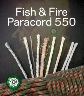 Army Green '"Fish & Fire" Paracord 550 Typ III z żyłką wędkarską o wytrzymałości do 3,6 kg, włóczką ogniową oraz siedmioma rdzeniami linek