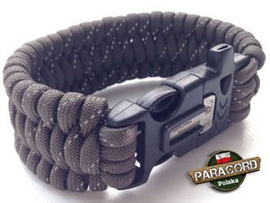 Bransoleta survivalowa z Paracordu typ "Extreme - Gun grey reflective" na klamrze z wbudowanym gwizdkiem, krzesiwem i blachą