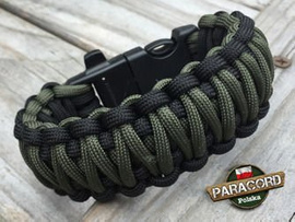 Bransoleta z Paracordu typ "King Cobra" na klamrze z wbudowanym gwizdkiem, krzesiwem i blachą, Kolor "Black - Army Green"