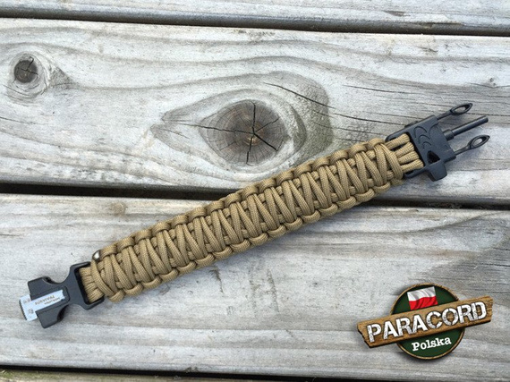 Bransoleta z Paracordu typ "King Cobra" na klamrze z wbudowanym gwizdkiem, krzesiwem i blachą, Kolor "Coyote Brown"