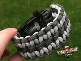 Bransoleta z Paracordu typ "X-Cobra" na klamrze z wbudowanym gwizdkiem, krzesiwem i blachą, Kolor "Gun Grey Reflective - Light Grey Reflective"