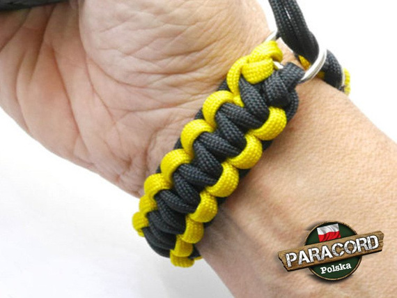 Pasek z oryginalnego Paracordu typ III 550 o siedmiu rdzeniach do aparatu, kamery, lornetki, dalomierza, typ splotu "Cobra", kolor "Black - yellow"
