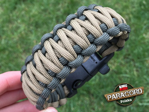 Bransoleta z Paracordu typ "King Cobra" na klamrze z wbudowanym gwizdkiem, krzesiwem i blachą, Kolor "Army Green - Coyote Brown"