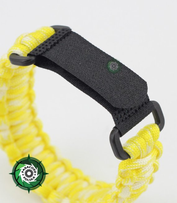 Klamerka do bransolet z Paracordu zapinana „na rzep". Umożliwia wygodne i szybkie zapinanie oraz regulacje obwodu w zakresie ok. 2 cm.