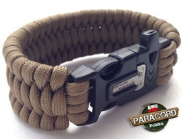 Bransoleta survivalowa z Paracordu typ "Extreme - Coyote brown" na klamrze z wbudowanym gwizdkiem, krzesiwem i blachą