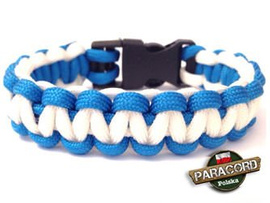 Bransoleta z Paracordu typ "Cobra" z wplecioną plastikową klamrą, kolor "Blue - White".