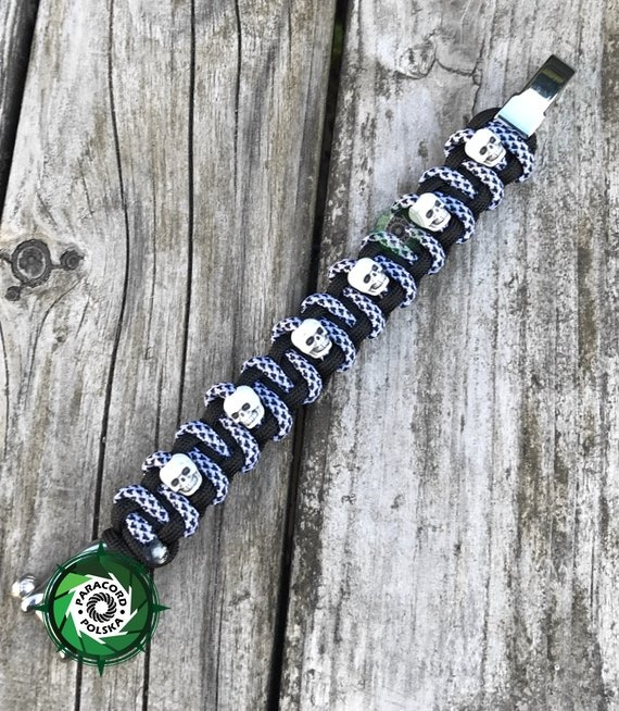 Bransoleta z Paracordu typ "Advanced Geco", z wplecionymi czaszkami, kolor: "Black - Diamond"
