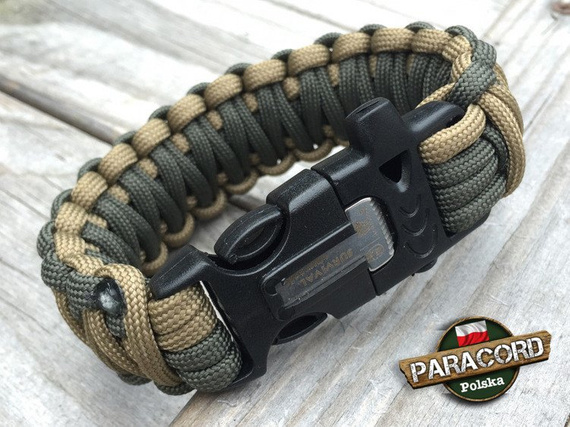 Bransoleta z Paracordu typ "King Cobra" na klamrze z wbudowanym gwizdkiem, krzesiwem i blachą, Kolor "Army Green - Coyote Brown"