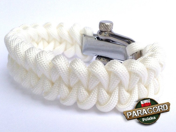 Bransoleta z Paracordu typ "Shark Jaw - White" z wplecioną metalową regulowną klamrą