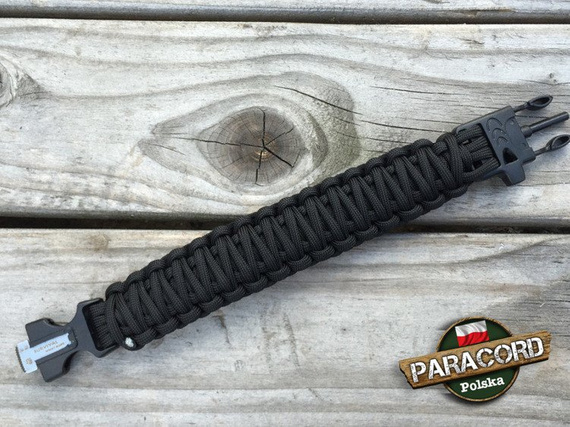 Bransoleta z Paracordu typ "King Cobra" na klamrze z wbudowanym gwizdkiem, krzesiwem i blachą, Kolor "Black"
