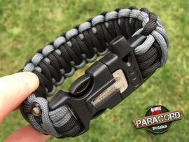 Bransoleta z Paracordu typ "King Cobra" na klamrze z wbudowanym gwizdkiem, krzesiwem i blachą, Kolor "Black - Gun Metal"