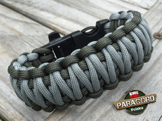 Bransoleta z Paracordu typ "King Cobra" na klamrze z wbudowanym gwizdkiem, krzesiwem i blachą, Kolor "Neutral Grey - Army Green"