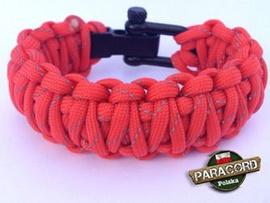 Bransoleta survivalowa z Paracordu typ "King Cobra - Red reflective" z wplecioną metalową regulowaną szeklą