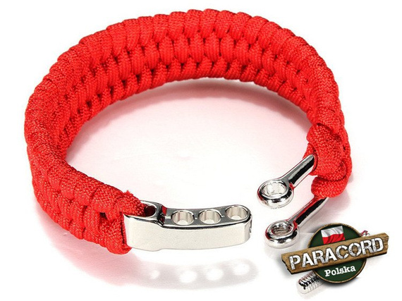 Bransoleta survivalowa z Paracordu typ "Extreme", z wplecioną metalową regulowaną szeklą, kolor "Red"