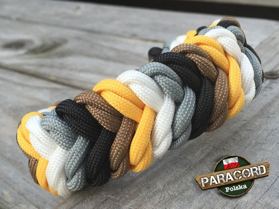 Bransoleta survivalowa z Paracordu typ "Dort-5" z wplecioną metalową regulowaną szeklą, Kolor: "Black - Coyote Brown - Golden Rod - White - Neutral Grey".