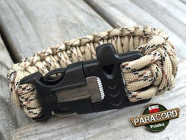 Bransoleta z Paracordu typ "King Cobra" na klamrze z wbudowanym gwizdkiem, krzesiwem i blachą, Kolor "Desert Camo"