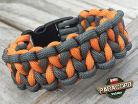 Bransoleta z Paracordu typ "Pocket" z wplecioną plastikową klamrą, kolor "Gun Metal - Orange Yellow"