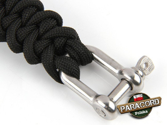 Bransoleta z Paracordu typ "Shark Jaw - Black" z wplecioną metalową regulowną klamrą