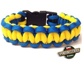 Bransoleta z Paracordu typ "Cobra" z wplecioną plastikową klamrą, kolor "Blue - Yellow".