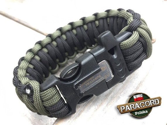 Bransoleta z Paracordu typ "King Cobra" na klamrze z wbudowanym gwizdkiem, krzesiwem i blachą, Kolor "Black - Army Green"