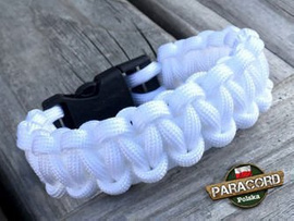 Bransoleta z Paracordu typ "Cobra - White" z wplecioną plastikową klamrą