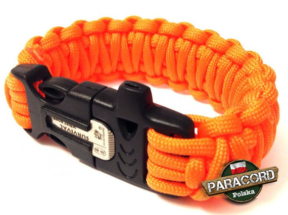 Bransoleta z Paracordu typ "King Cobra - Orange Yellow" na klamrze z wbudowanym gwizdkiem, krzesiwem i blachą