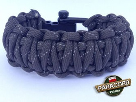 Bransoleta survivalowa z Paracordu typ "King Cobra - Gun grey reflective" z wplecioną metalową regulowaną szeklą