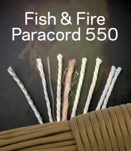Coyote Brown '"Fish & Fire" Paracord 550 Typ III z żyłką wędkarską o wytrzymałości do 3,6 kg, włóczką ogniową oraz siedmioma rdzeniami linek