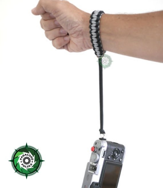 Pasek z oryginalnego Paracordu typ III 550 o siedmiu rdzeniach do aparatu, kamery, lornetki, dalomierza, typ splotu "Cobra", kolor "Black - Neutral grey"