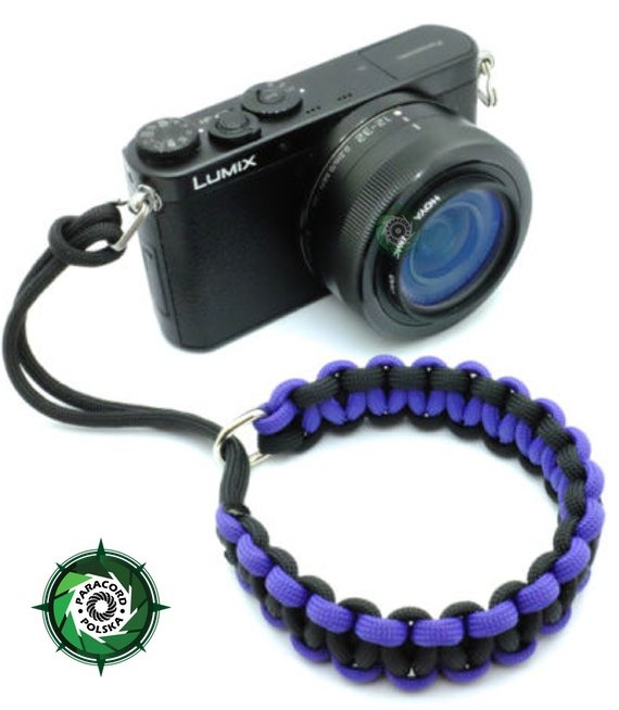 Pasek z oryginalnego Paracordu typ III 550 o siedmiu rdzeniach do aparatu, kamery, lornetki, dalomierza, typ splotu "Cobra", kolor "Black - purple"