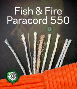 Szpula o długości 300 metrów linki '"Fish & Fire" Paracord 550 Typ III Orange z żyłką wędkarską o wytrzymałości do 3,6 kg, włóczką ogniową oraz siedmioma rdzeniami linek 