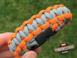 Bransoleta z Paracordu typ "Cobra - Orange Yellow - Neutral grey" z wplecioną plastikową klamrą