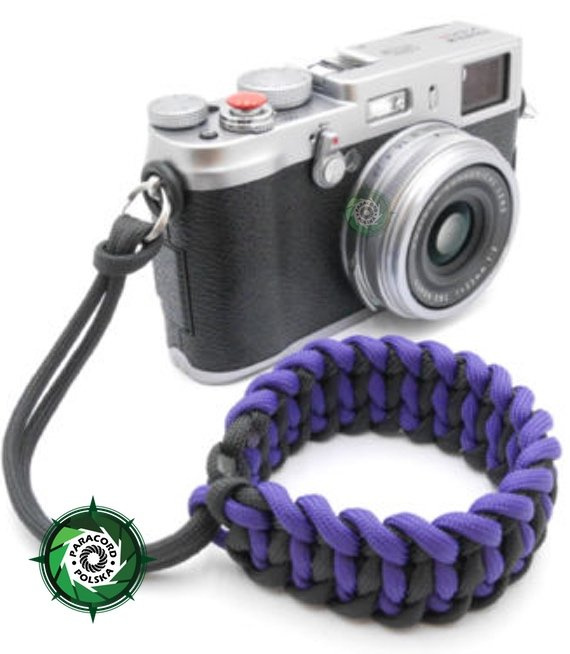 Pasek z oryginalnego Paracordu typ III 550 o siedmiu rdzeniach do aparatu, kamery, lornetki, dalomierza, typ splotu "Salomon", kolor "Purple - Black"