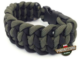 Bransoleta z Paracordu typ "Salomon bar" z wplecioną plastikową klamrą, kolor "Black - Army green".