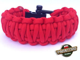 Bransoleta survivalowa z Paracordu typ "King Cobra - Red" z wplecioną metalową regulowaną szeklą