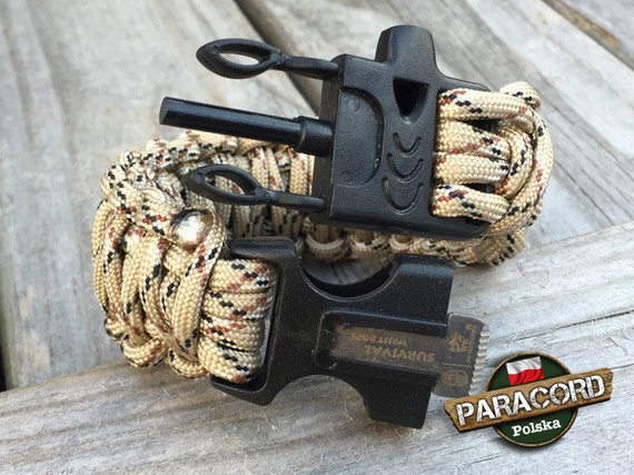 Bransoleta z Paracordu typ "King Cobra" na klamrze z wbudowanym gwizdkiem, krzesiwem i blachą, Kolor "Desert Camo"