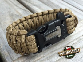 Bransoleta z Paracordu typ "King Cobra" na klamrze z wbudowanym gwizdkiem, krzesiwem i blachą, Kolor "Coyote Brown"