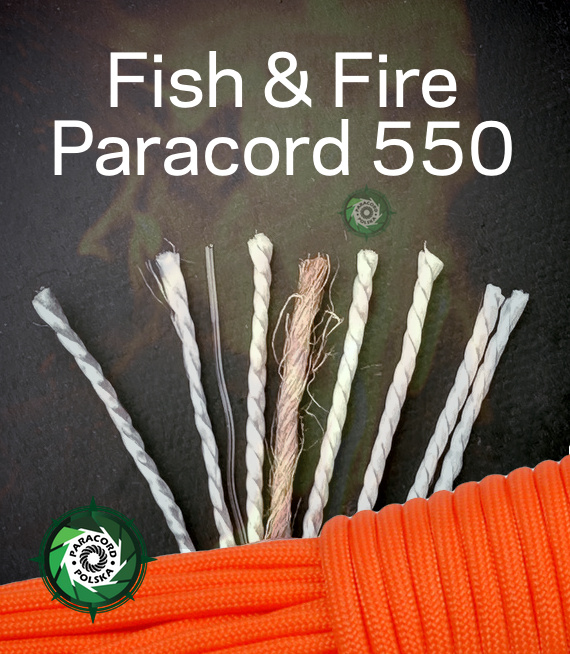 Orange "Fish & Fire" Paracord 550 Typ III z żyłką wędkarską o wytrzymałości do 3,6 kg, włóczką ogniową oraz siedmioma rdzeniami linek 