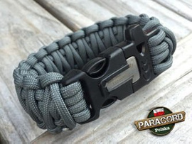 Bransoleta z Paracordu typ "King Cobra" na klamrze z wbudowanym gwizdkiem, krzesiwem i blachą, Kolor "Gun Metal"