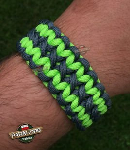 Bransoleta z Paracordu typ "X-Cobra" na klamrze z wbudowanym gwizdkiem, krzesiwem i blachą, Kolor "Gun metal - Fluor green"